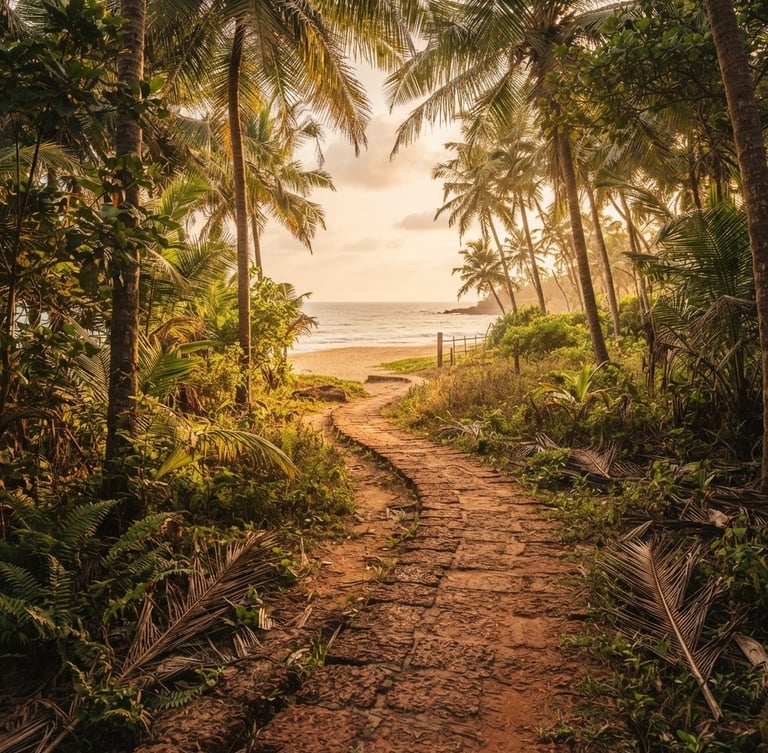 Warm golden-hour shot of a narrow red laterite stone path winding through lush coconut palms towards a quiet sandy beach, soft sunlight filtering through leaves
