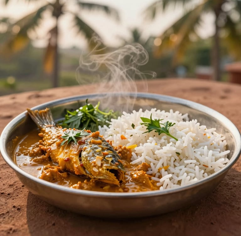 Close-up of an authentic Konkani fish thali served on a traditional metal plate, steaming rice, rich orange coconut curry, fresh herbs, warm golden lighting.