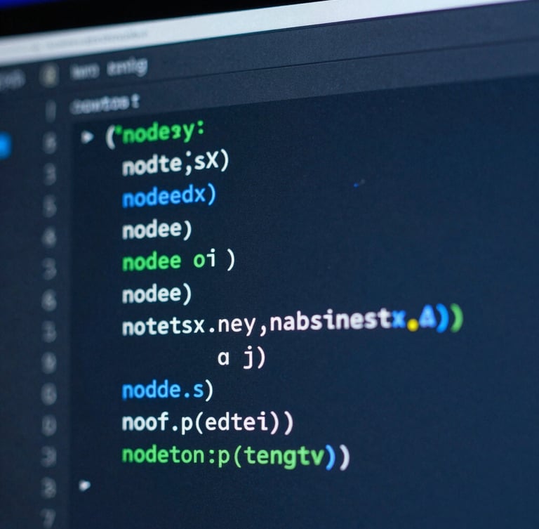 Close-up macro shot of clean Node.js code on a high-resolution screen, soft neon blue ambient backlighting, sharp focus on the syntax, dark tech aesthetic