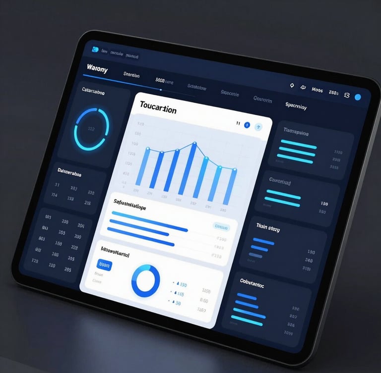 High-fidelity mockups of dark mode SaaS dashboards with glowing neon blue data visualizations on sleek bezel-less screens