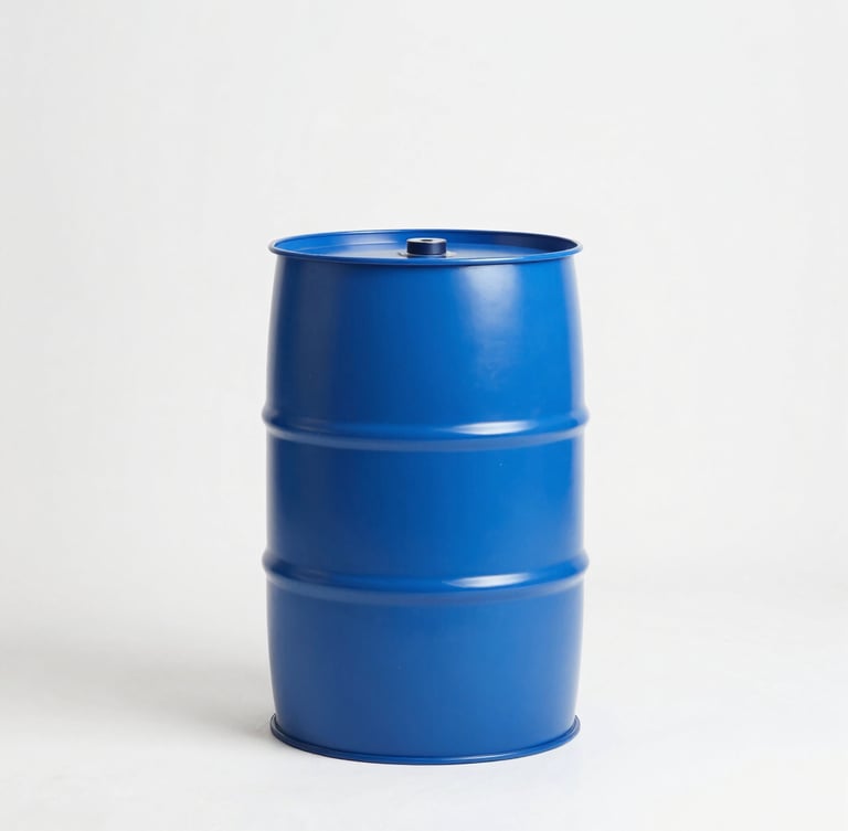 Crisp product photography of a heavy-duty blue 55-gallon water storage barrel standing upright in a clean, bright utility room, high-key studio light, sharp focus, 50mm