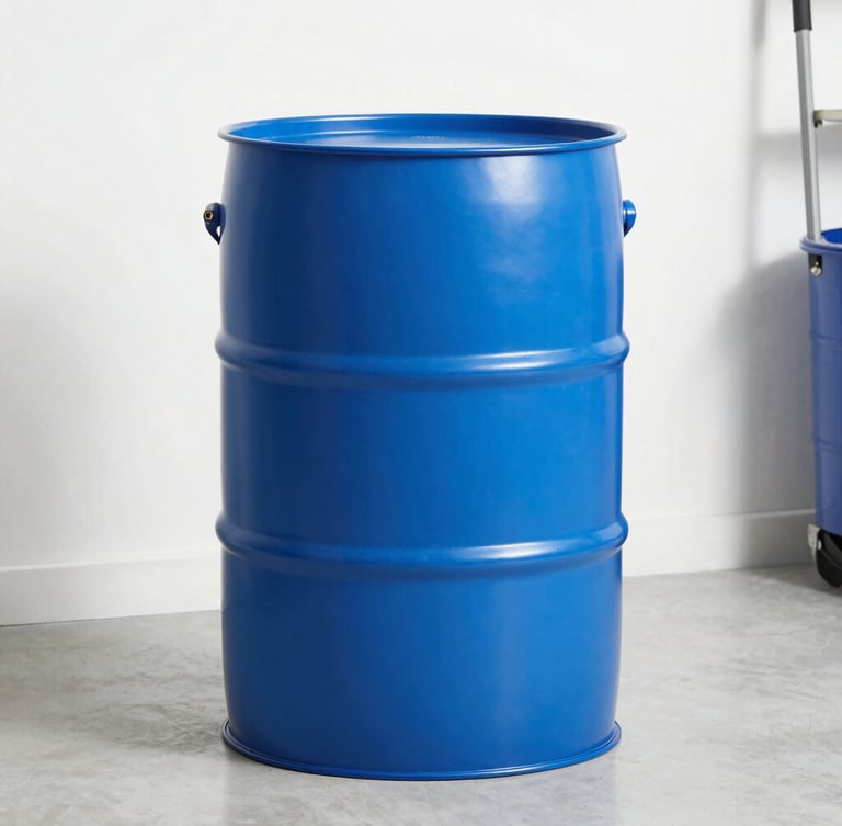 Crisp straight-on product shot of a heavy-duty blue 55-gallon water storage drum in a clean, organized utility room, bright daylight, sharp focus