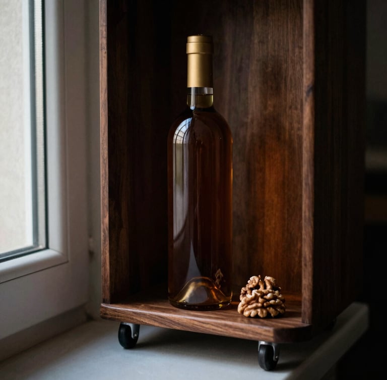 Tight editorial crop of a rich walnut wine trolley tucked elegantly into a narrow alcove under low-key dramatic window light, 35mm.