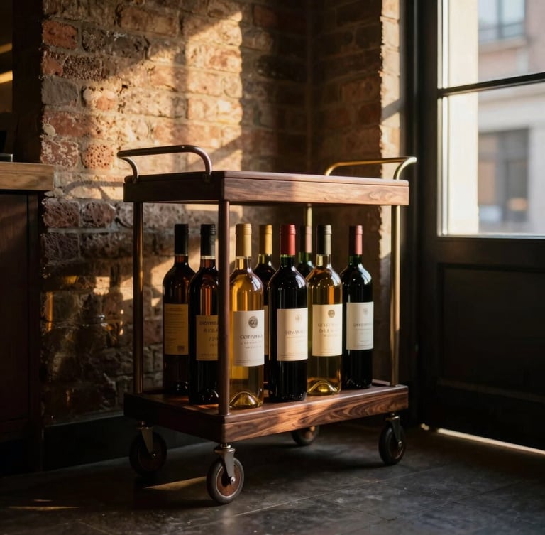 A rolling walnut wine trolley tucked elegantly into a narrow brick alcove, dramatic golden-hour window light reflecting off bottles, shallow depth of field