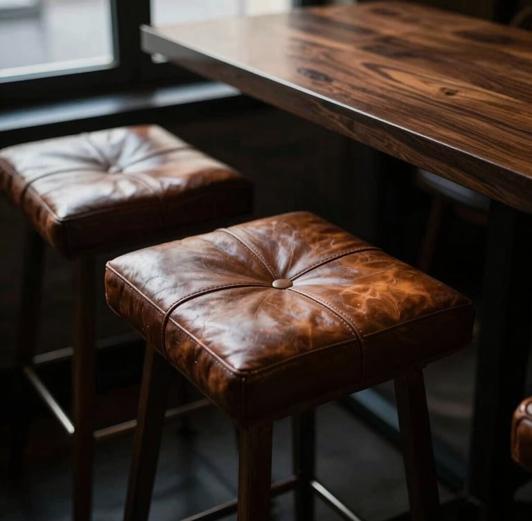 Close-up of hand-stitched leather bar stools pulled up to a compact dining set, low-key moody lighting casting long shadows, 35mm