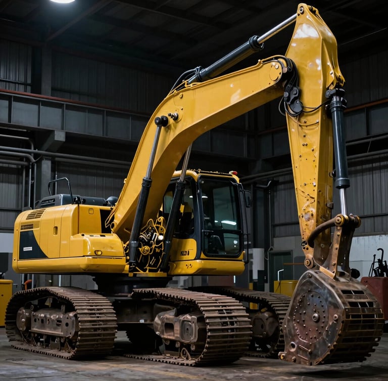 Low-angle dramatic shot of a massive Caterpillar yellow excavator in a dark industrial workshop, sharp metallic reflections, 35mm photography