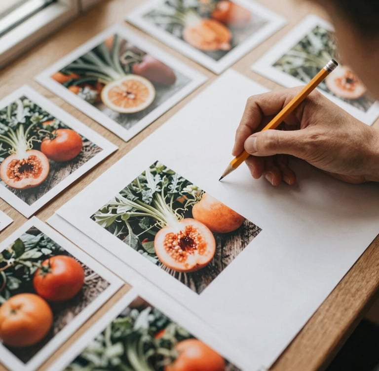 Overhead flat-lay of a creative content planning session for a food market, with color palettes, printed photos of fresh produce, and a hand holding a pencil.