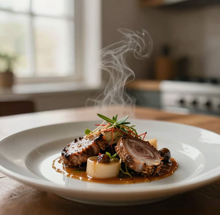 Close-up macro shot of a chef plating a seasonal dish in a warm-lit kitchen, steam rising, soft natural window light, rich earthy tones, shallow depth of field