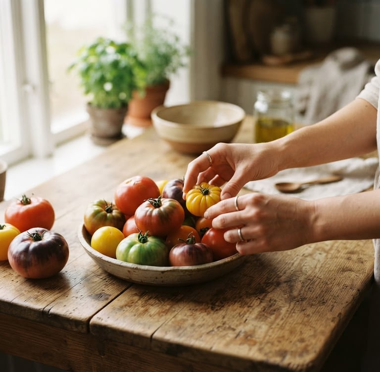 Hands arranging fresh heirloom tomatoes on a rustic wooden table in a warm-lit kitchen, soft natural window light, Scandinavian aesthetic.