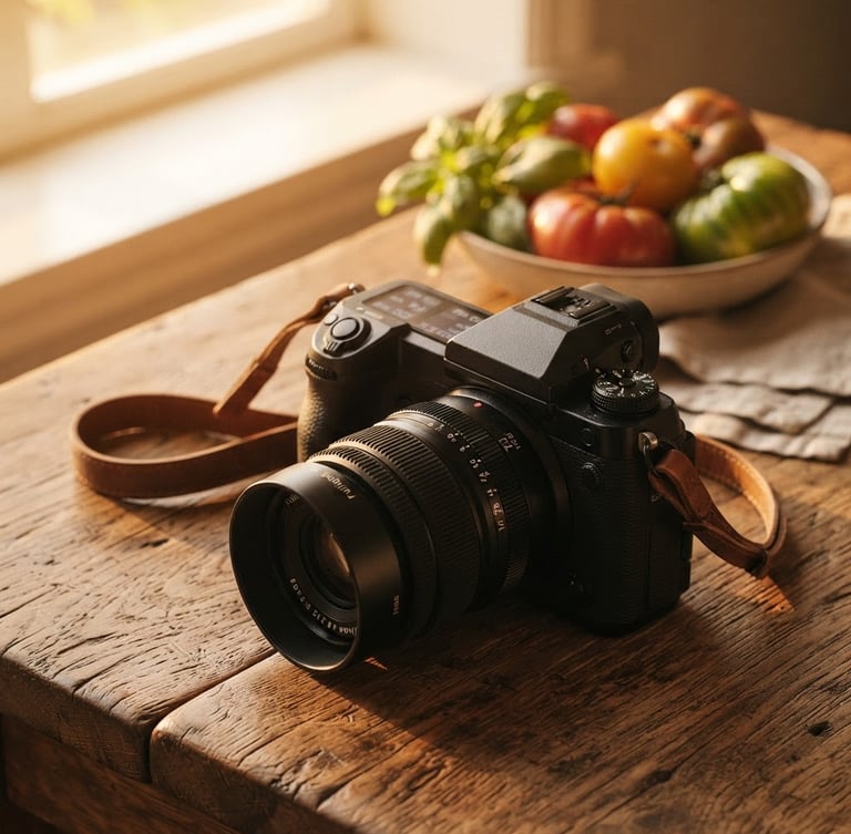 Close-up of a high-end camera setup on a rustic wooden table, warm golden-hour window light illuminating raw heirloom tomatoes and fresh basil in the background, shallow depth of field, warm editorial photography.
