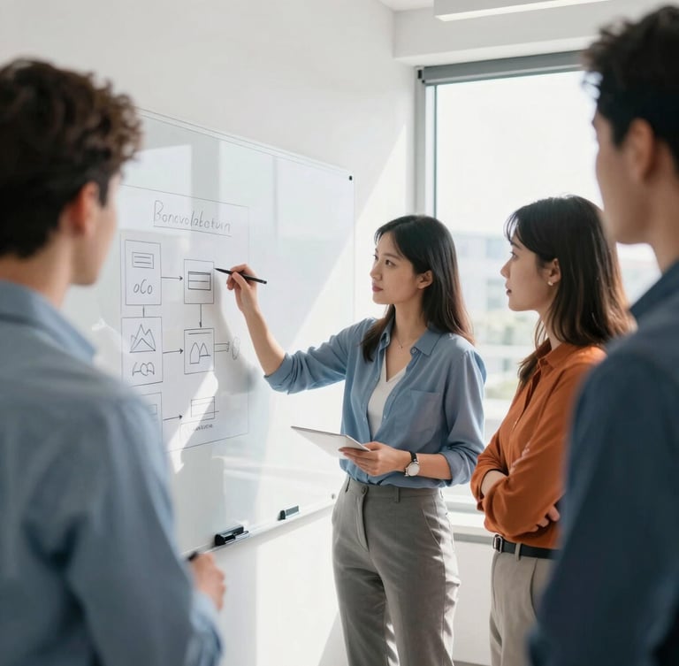 A collaborative team strategy session around a physical whiteboard in a sunlit office, team members discussing a layout, high-key natural lighting.