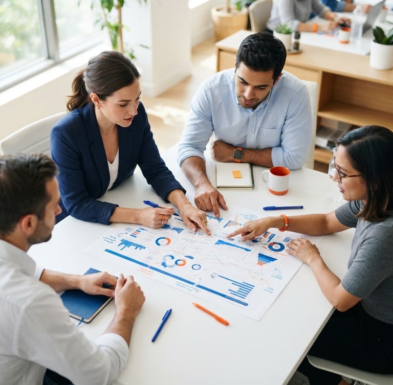 Overhead shot of a collaborative marketing team analyzing a physical dashboard on a clean white desk, bright natural high-key window light, cobalt blue and sharp orange accents, shallow depth of field