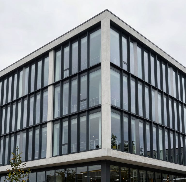 Architectural detail of a modern business park in Colchester, clean lines, overcast daylight, professional editorial style, 35mm lens