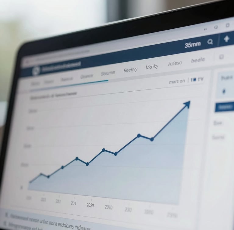 Close-up of an analytical dashboard showing positive growth trends, crisp UI, natural overcast UK daylight, editorial business photography, 35mm lens