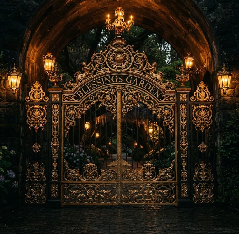 Dramatic editorial photography of the majestic golden gates of Blessings Garden, warm evening light, deep black shadows, cinematic wide-angle