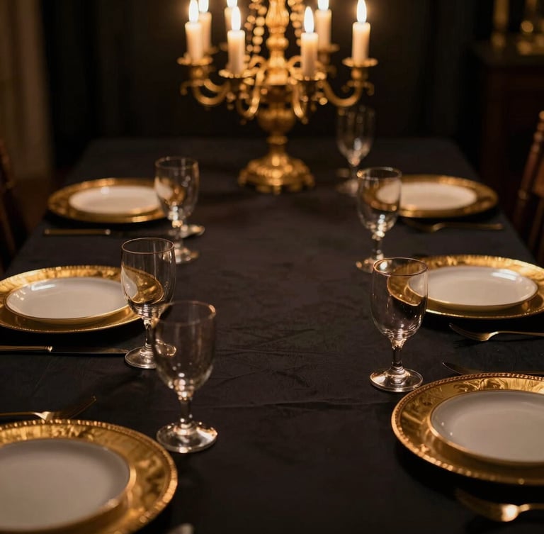 Dramatic editorial close-up of gilded details, gold-rimmed tableware, and flickering candlelight against deep black tablecloths.