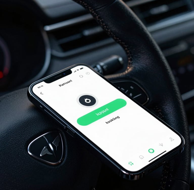 Macro close-up of a premium leather steering wheel and a smartphone displaying a sleek keyless booking app, dark cool-toned cockpit lighting, 35mm.