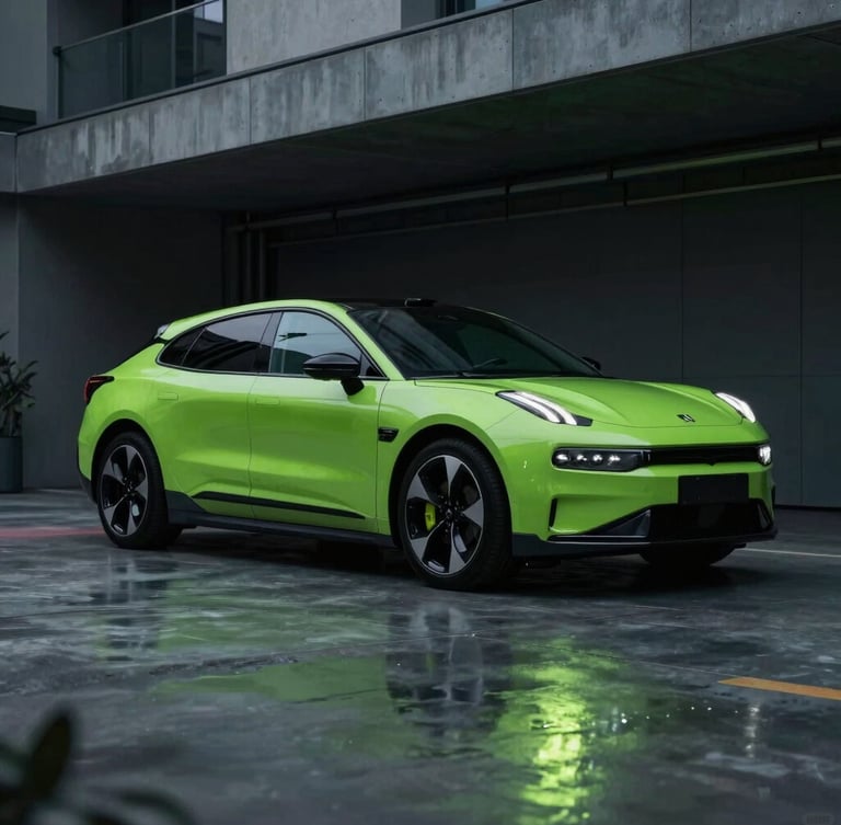 Sleek electric luxury vehicle parked inside a hyper-modern residential garage, dramatic low-key lighting with sharp lime green reflections on the concrete floor, 35mm.