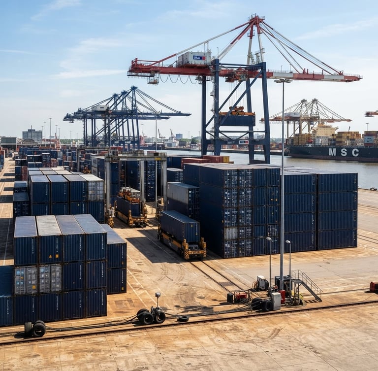 Sharp editorial photography of modern shipping port infrastructure under bright architectural daylight, deep navy containers, warm sand-toned concrete, crisp 35mm lens