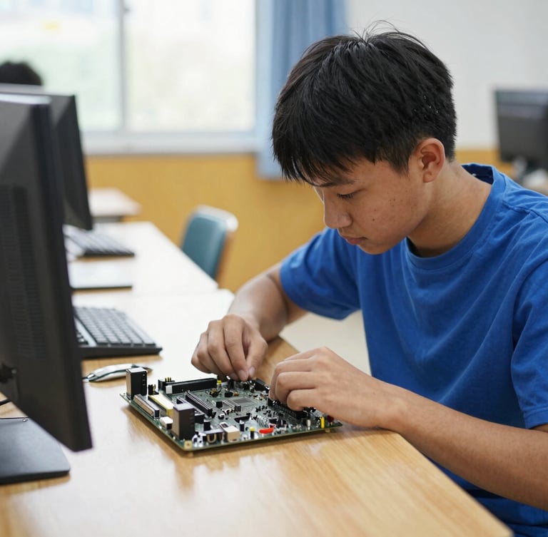 Student intently working on an open computer motherboard in a well-lit classroom, hands-on, focus on components, natural daylight.