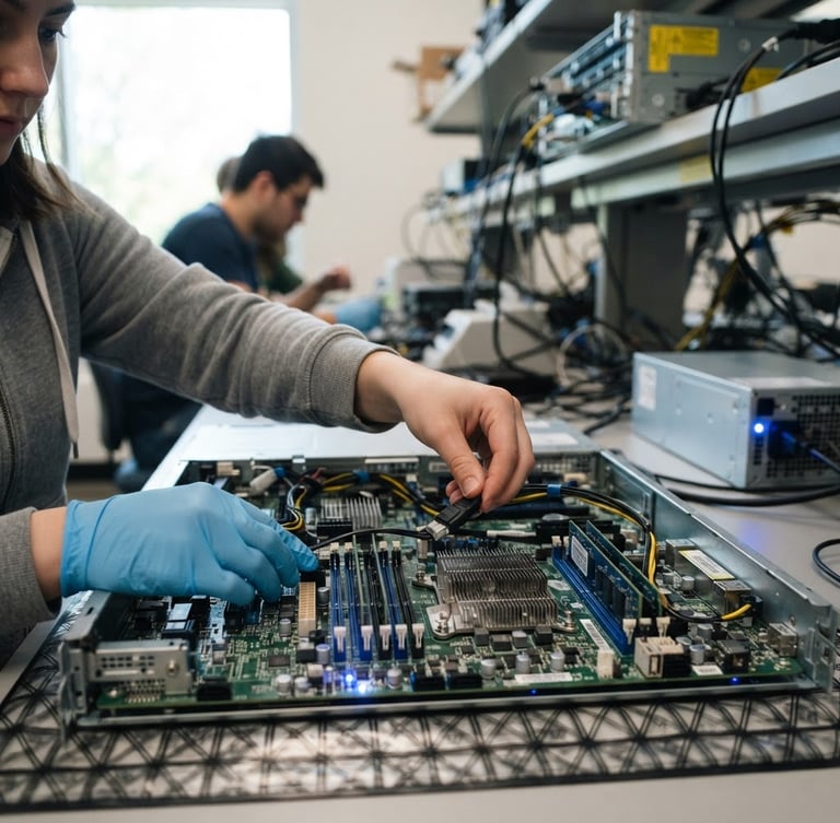 Student hands configuring a server motherboard in a well-lit lab, crisp focus, cool blue LED accents, 35mm lens.