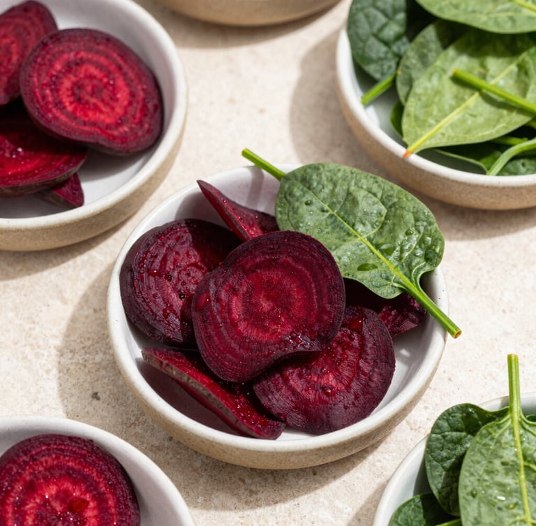 Overhead macro flat-lay photography, bright natural daylight with soft shadows, crisp details of deep red beetroot chips and green spinach chips arranged in textured ceramic bowls on a light stone counter, shallow depth of field, 35mm