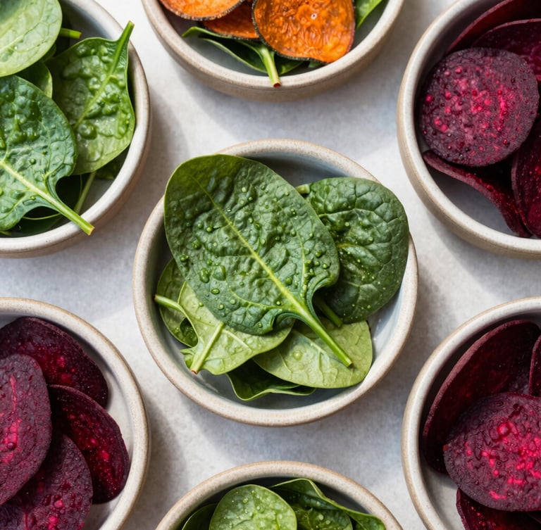 Overhead flat-lay of vibrant green spinach chips and deep red beetroot chips in handmade ceramic bowls, bright natural Mumbai daylight, 35mm.