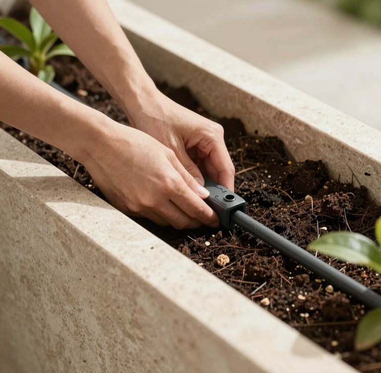 Close-up of clean hands installing a sub-irrigation system in a minimalist travertine planter, rich dark soil, soft natural light, precise architectural details.