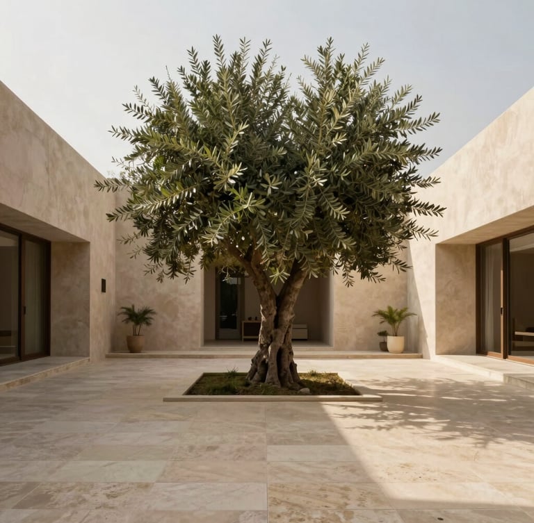 Architectural wide shot of a luxury minimalist villa courtyard in Dubai, a mature olive tree standing as a central specimen in soft afternoon sunlight, travertine stone floor, warm diffused lighting, medium format.