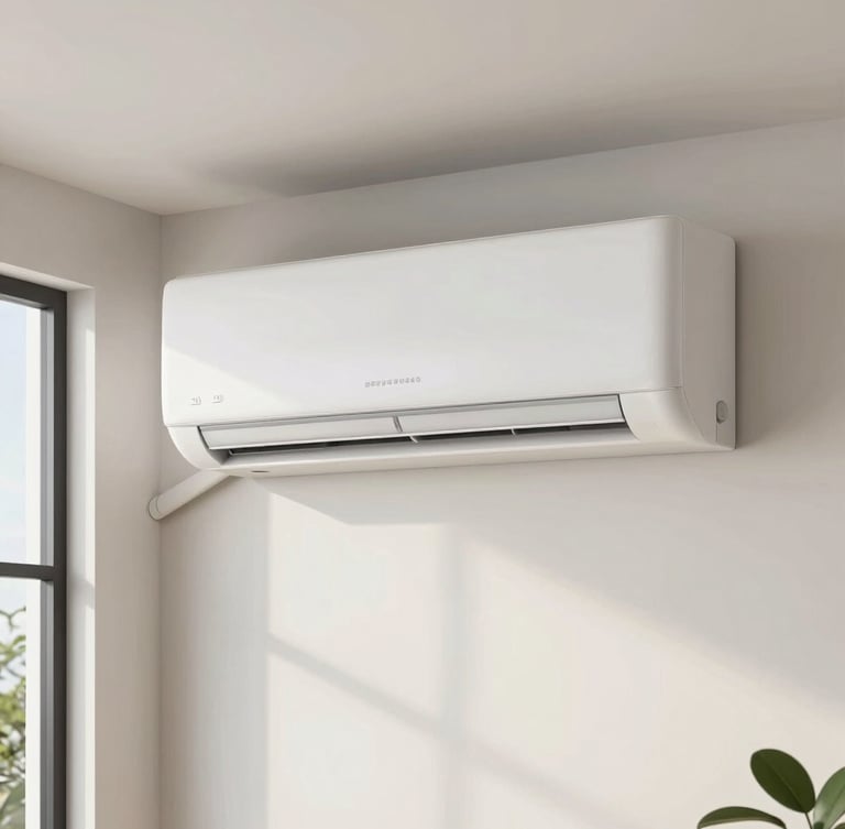 Close-up of a modern wall-mounted air conditioning unit perfectly integrated into a clean, minimalist French living room, natural daylight, architectural straight-on shot.