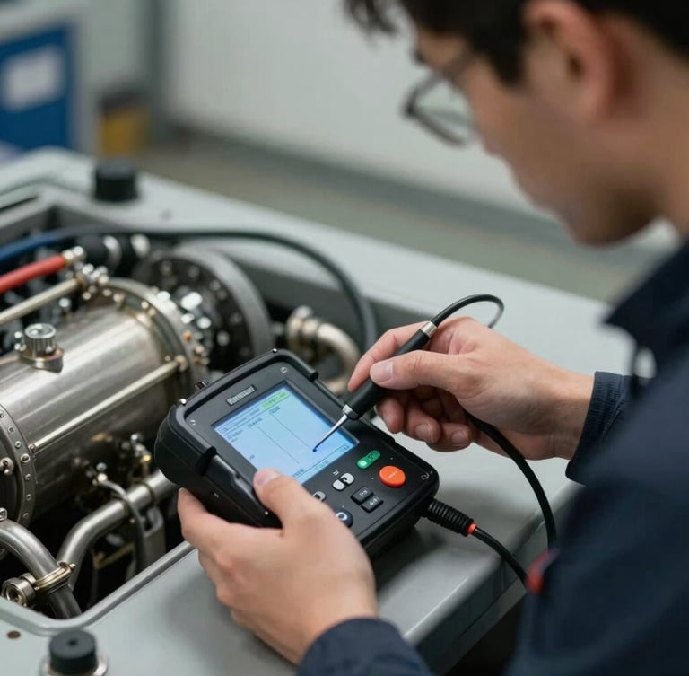 Vue rapprochée d'un technicien qualifié mesurant la pression d'un circuit frigorifique de climatisation avec un manomètre de précision, lumière naturelle de biais.