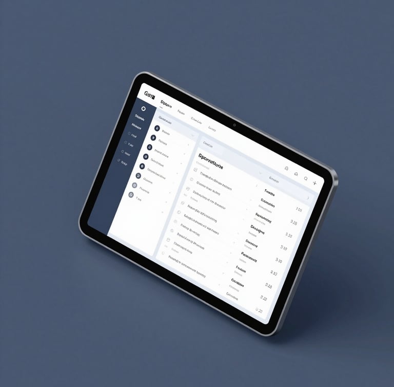 Minimalist isometric 3D render of a clean software dashboard interface on a tablet screen, crisp studio lighting, cool tech-blue and slate tones, sharp focus.