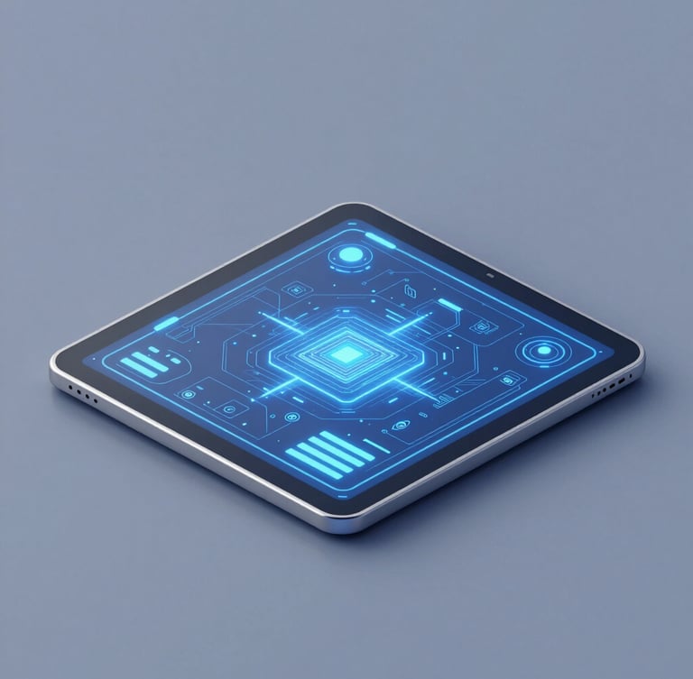 Isometric 3D render of a glowing digital blueprint interface on a tablet, cool blue and slate tones, crisp studio lighting, sharp focus
