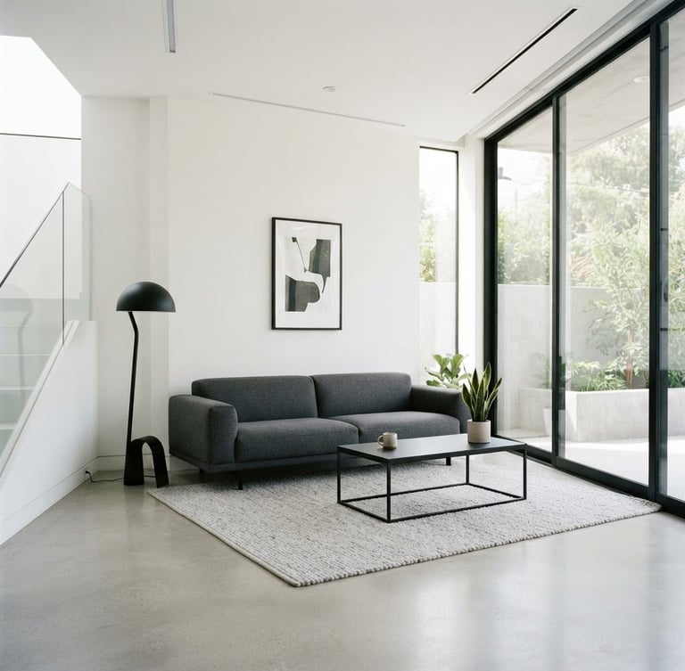 Sleek minimalist living room with high-key natural daylight, clean white walls, charcoal low-profile sofa, matte metal accents, wide architectural angle, 35mm