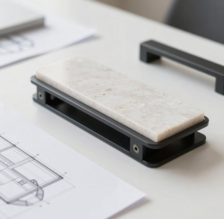 Close-up of premium interior materials, quartz sample, matte black metal hardware, and technical architectural drawings on a clean white desk, bright natural light