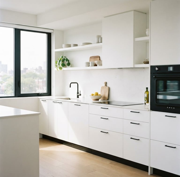 Sleek high-key modular kitchen, pure white cabinetry, matte black hardware, bright morning light streaming through a side window, 35mm architectural photography.