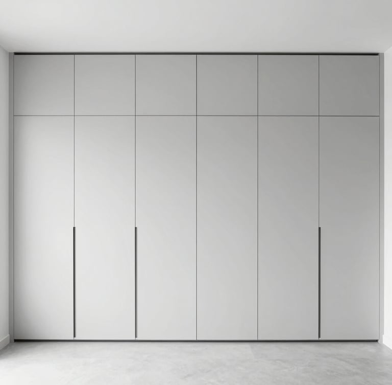 Portrait architectural shot of a sleek minimalist bedroom in Ranchi, integrated floor-to-ceiling storage, bright high-key natural daylight, neutral gray tones, 35mm