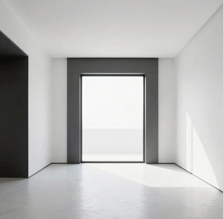Sleek minimalist living room in Ranchi, bright high-key natural light, white walls, charcoal accents, large window showing spatial flow