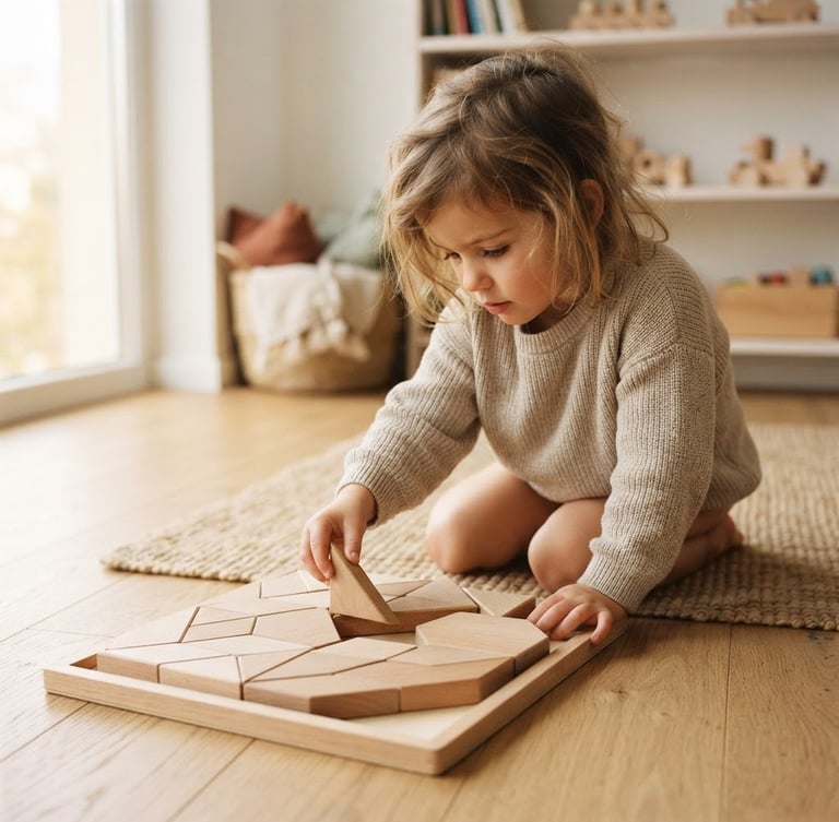 A focused child connecting smooth wooden blocks of a geometric puzzle on a light-filled floor, soft natural daylight, warm editorial style.