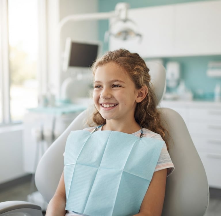 A confident, smiling young patient in a modern dental clinic, soft natural daylight, sterile white and teal tones, shallow depth of field, patient looking slightly off-camera to the left.
