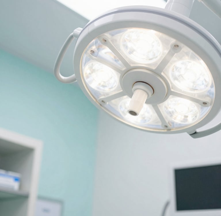 Close-up of modern dental sterilization equipment under bright clinical light, with a blurred background of a clean clinic interior, soft white and teal tones.