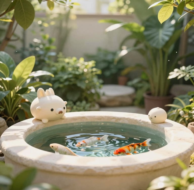 Warm editorial photography of a lush green front garden with a natural therapy fish pond, soft morning daylight filtering through leaves, 35mm