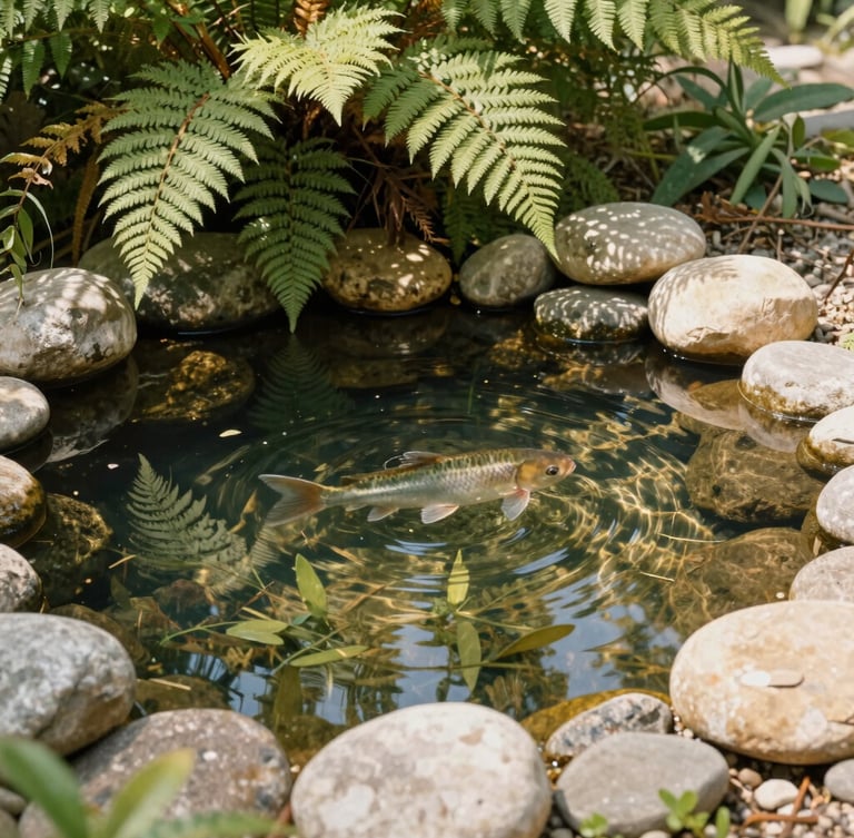 A serene natural fish pond surrounded by lush ferns and smooth river stones, clear water reflecting soft green leaves, warm daylight.