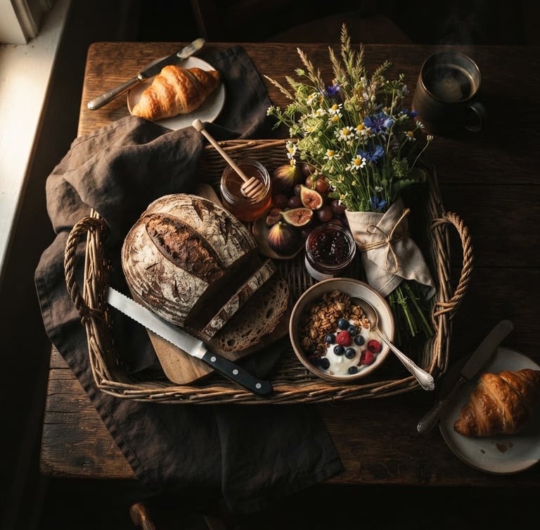 Moody overhead flatlay of an premium artisanal breakfast basket, fresh rustic sourdough bread, hand-tied local wildflowers, warm side window light, rich dark shadows, 50mm lens