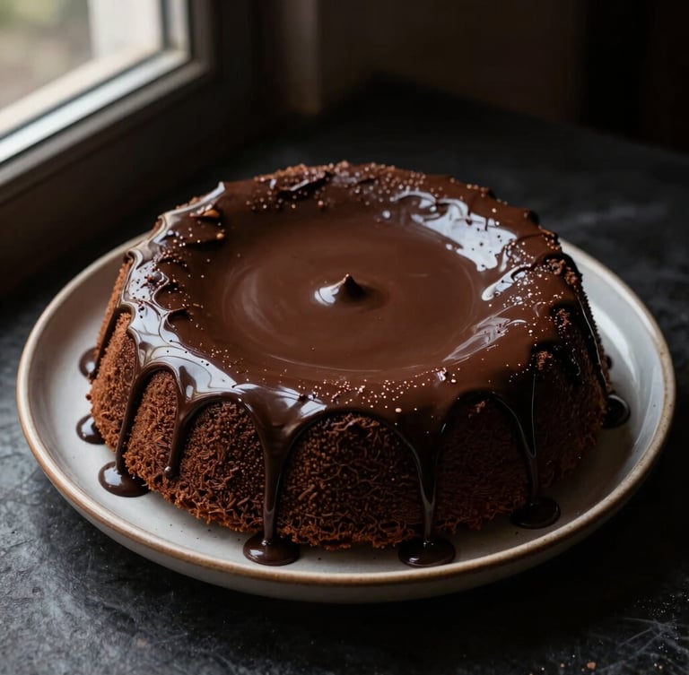 High-contrast overhead shot of a traditional Brazilian vulcão cake on a ceramic platter, rich chocolate ganache slowly dripping down the sides, warm side light, moody shadows