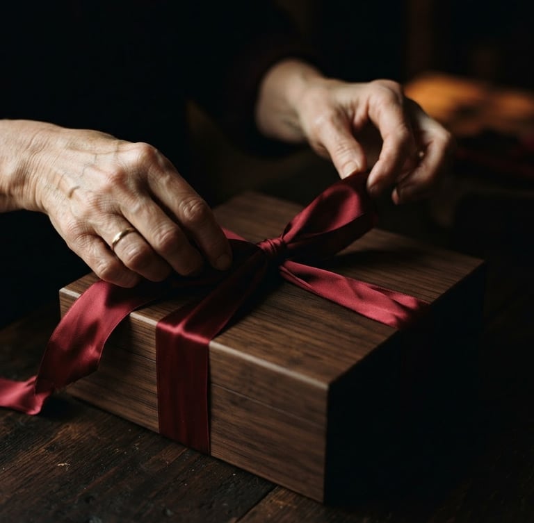 Moody close-up of hands tying a deep crimson silk ribbon around a dark wooden gift box, warm side lighting, rich shadows, elegant and tactile