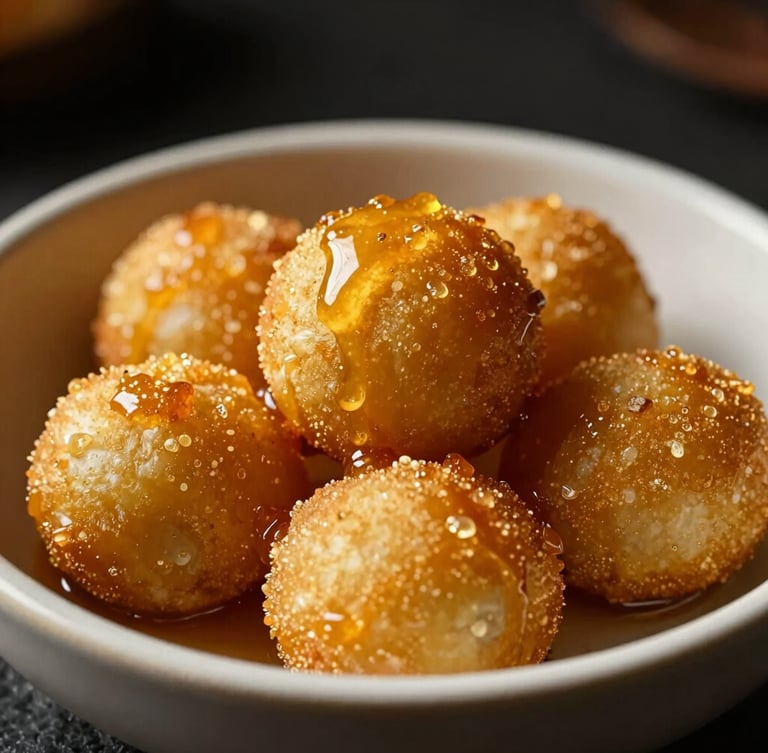 Macro close-up of golden-fried loukoumades in a minimalist ceramic bowl, dramatic side-lighting, deep shadows, warm honey glaze.