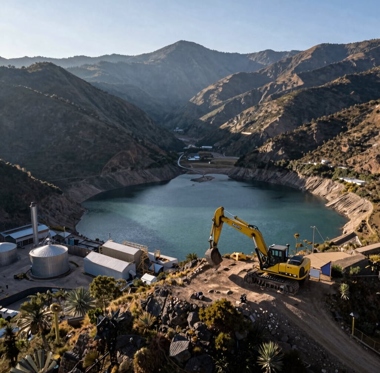 Vista aérea de un reservorio de agua industrial en la sierra peruana, maquinaria pesada operando en el margen derecho, luz natural de mañana de alta montaña.