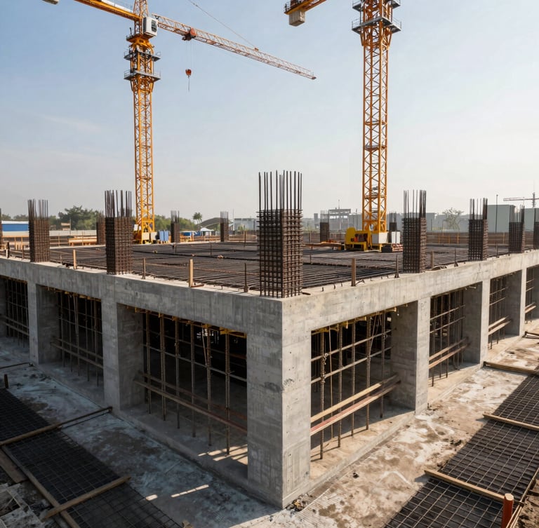Wide-angle shot of a massive concrete foundation under construction with heavy cranes and steel reinforcement grids, bright morning light, high contrast