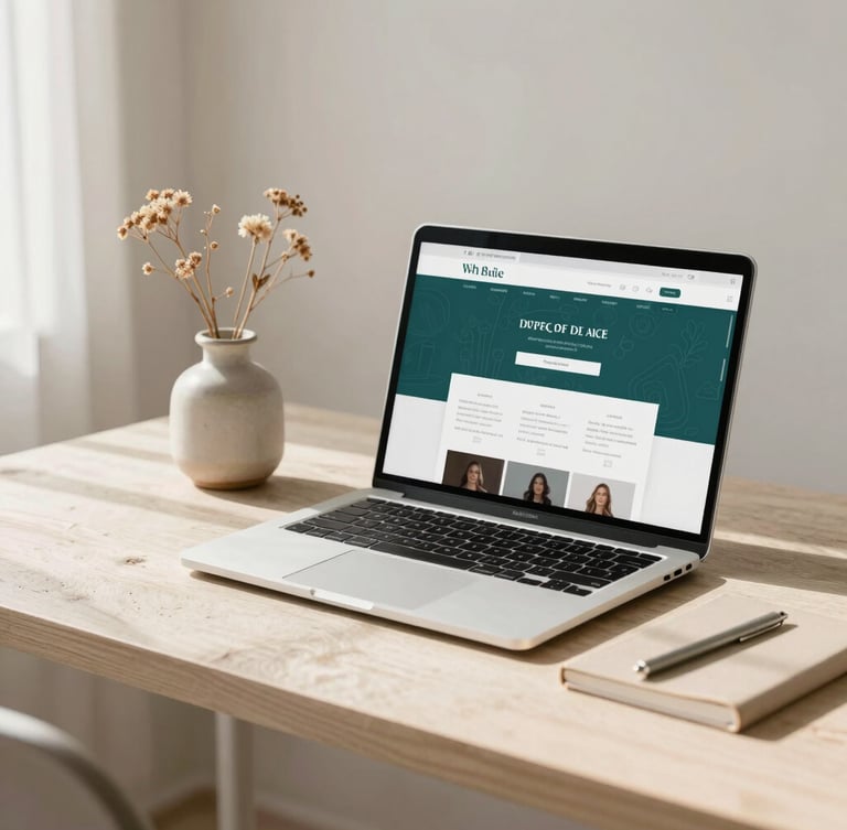 Elegant minimalist creative workspace with soft natural daylight, linen textures, a sleek laptop showing a clean website layout, and a small ceramic vase with dried flowers, 35mm photography